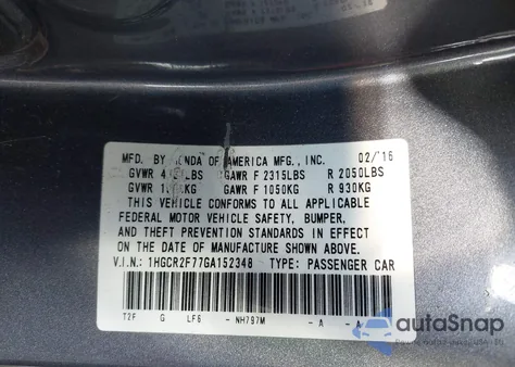 2016 Honda Accord Ex from USA, damaged, VIN 1HGCR2F77GA152348
